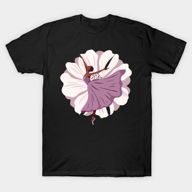 Ballerina in a lilac dress dancing on a flower background, tiptoe pose, ballet performe T-Shirt by Nora Liak